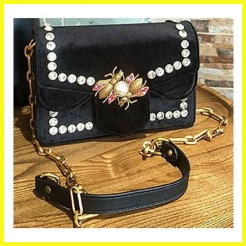 NWT Velvet & Leather Handbag w/ Pearl Wasp Black